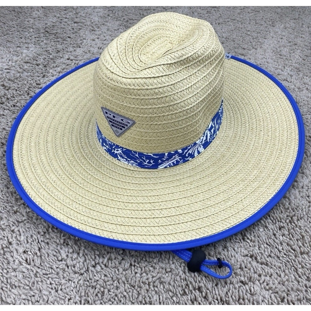 Columbia PFG Hat BAHA‎ Straw Tropical Floral Tan Blue Men S/M Beach Fishing NWT